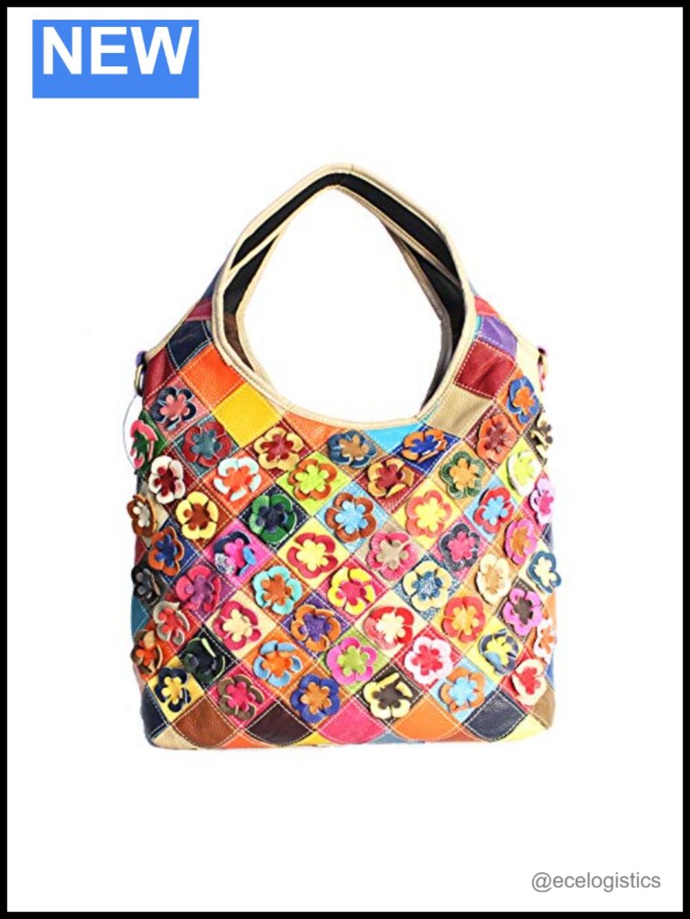 Vintage Cowhide Leather Floral Patchwork Shoulder Bag with Adjustable Strap